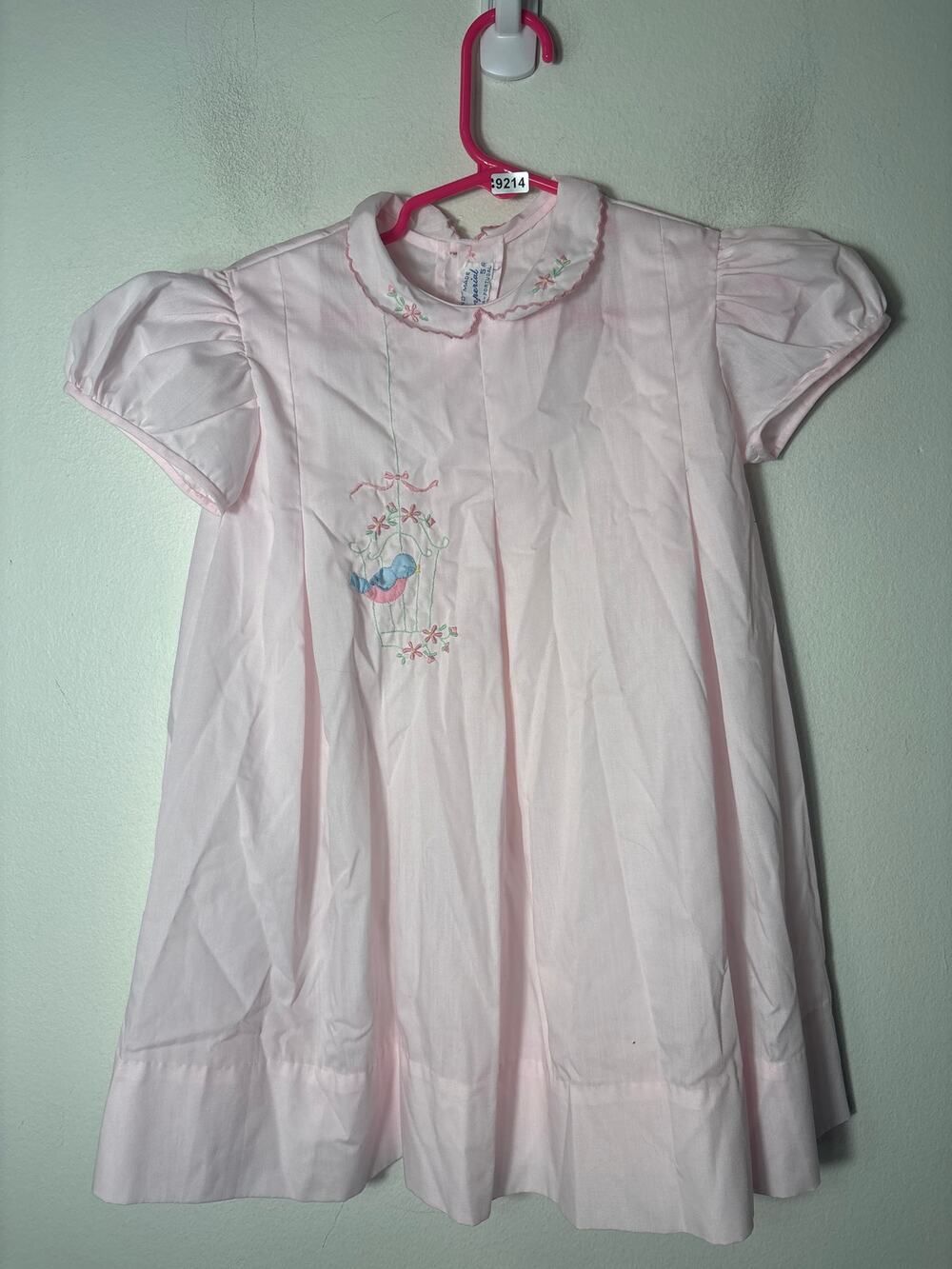 Girls Vintage Imperial Pink Puff Sleeve dress with embroidered bird Sz 5